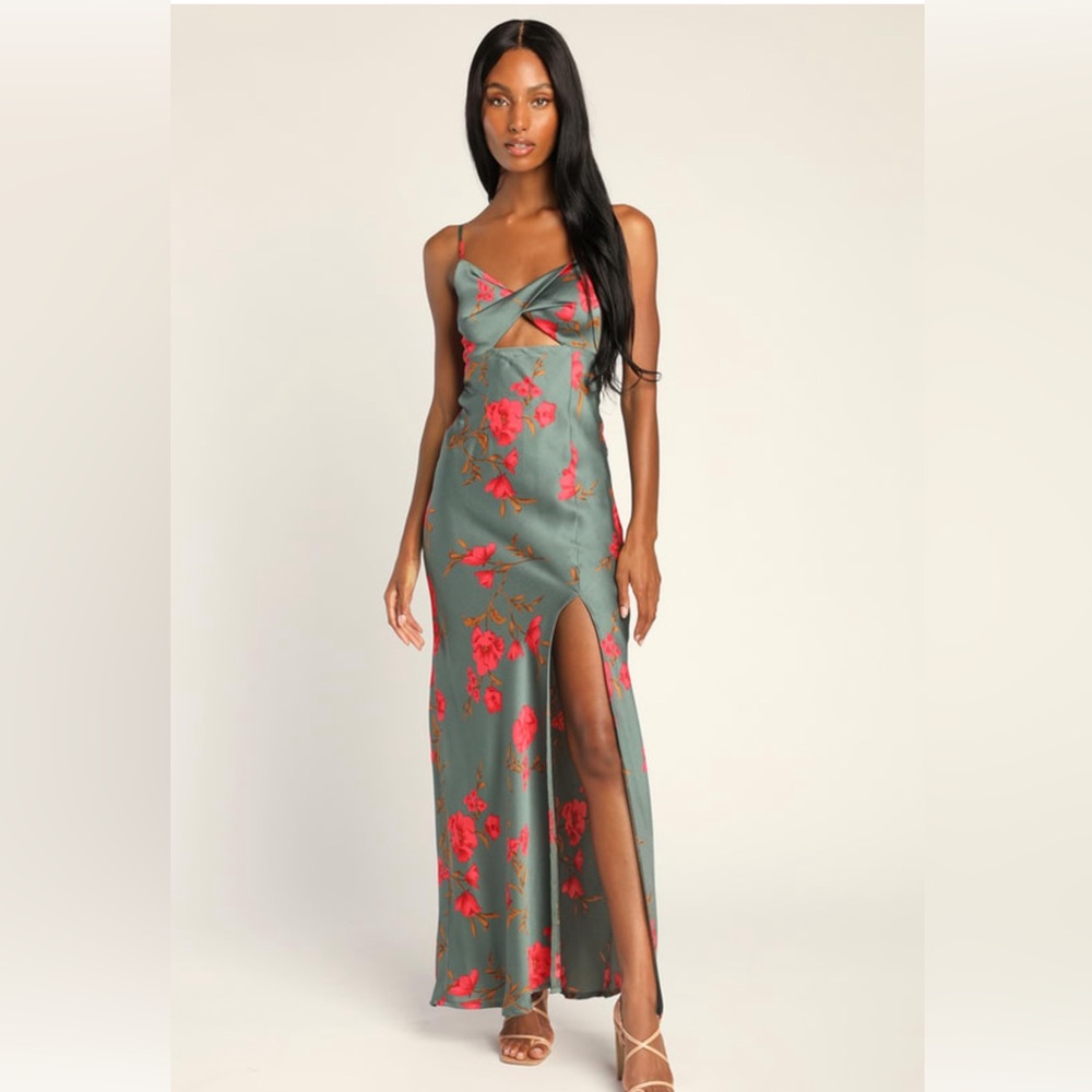 Fit for the Fete Sage Green Floral Satin Maxi Dress